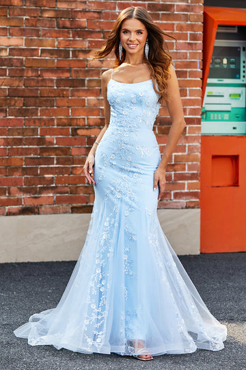 Lyseblå Sparkly Beaded Mermaid Long Prom Dress